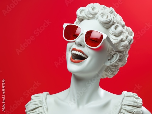 Ancient Greek white statue of a smiling woman wearing sunglasses