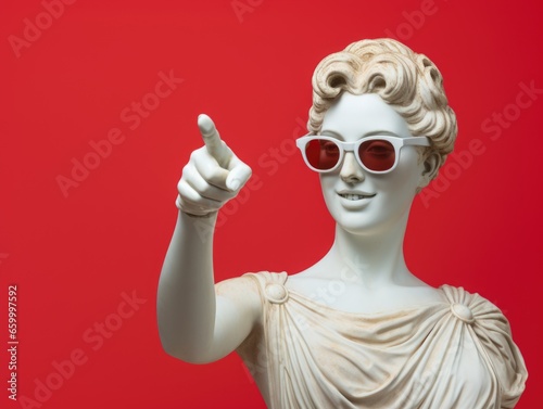 Ancient Greek white statue of a smiling woman wearing sunglasses photo