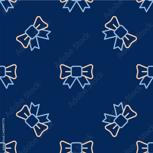 Line Gift bow icon isolated seamless pattern on blue background. Vector