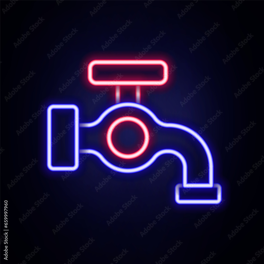 Glowing neon line Water tap icon isolated on brick wall background. Colorful outline concept. Vector Glowing neon line Water tap icon isolated on brick wall background. Colorful outline concept. Vector