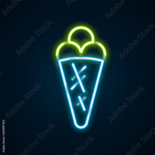 Glowing neon line Ice cream in waffle cone icon isolated on black background. Sweet symbol. Colorful outline concept. Vector