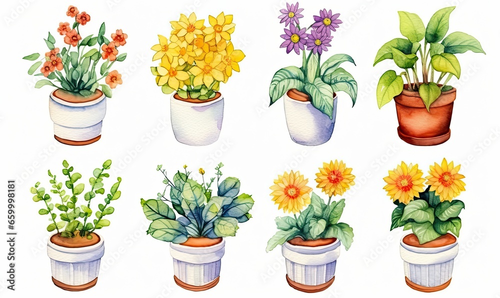 A set of eight house plants. Bright flowers in pots. Watercolor illustration on a white background.