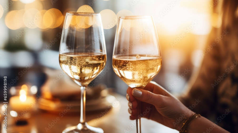 In a cozy bistro, the two friends are relishing the moment as they clink their glasses of wine together in a toast to their friendship In a cozy bistro, the two friends are relishing the moment as they clink their glasses of wine together in a toast to their friendship