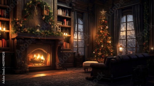 a lit up Christmas tree in a cozy home at night with the fireplace active in the style of 32k uhd sharp image  generative ai