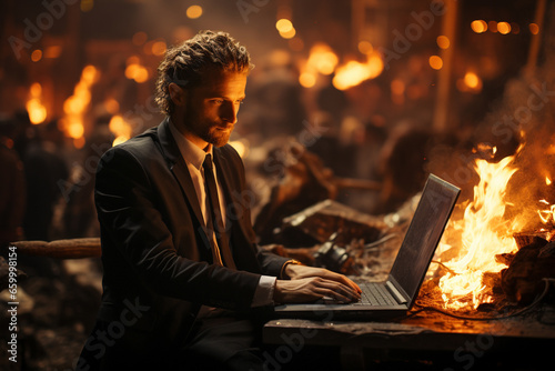 Navigate the intensity of a stressful work environment in this creative photo of a businessman working o a laptop amid swirling flames. Ai generated