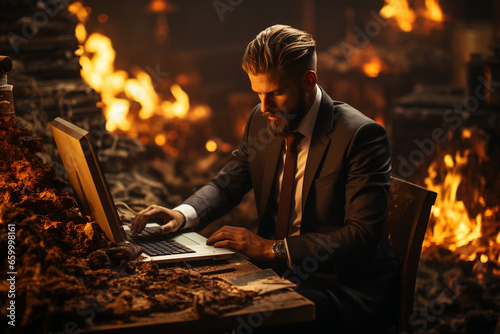 Navigate the intensity of a stressful work environment in this creative photo of a businessman working o a laptop amid swirling flames. Ai generated