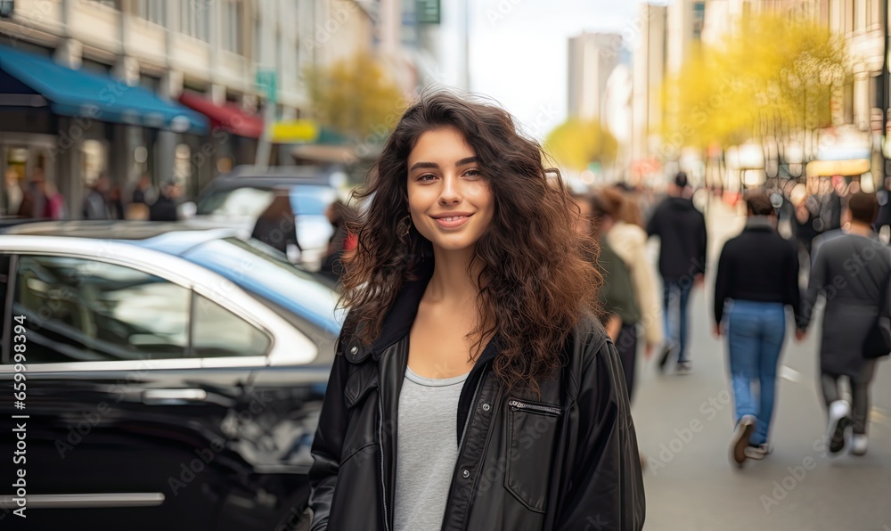 Photo of a woman standing in the middle of a bustling city street