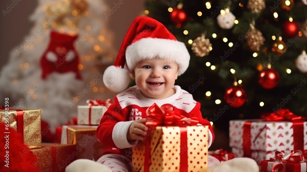 child in santa claus hat with gifts child in santa claus hat with gifts
