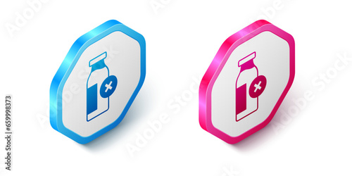 Isometric Lactose intolerance icon isolated on white background. Not allow milk. Allergy concept, lactose intolerance allergy warning sign. Hexagon button. Vector