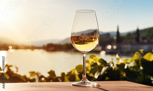 Photo of a glass of white wine on a wooden table