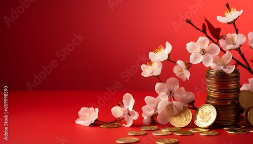 cherry blossom with golden coins and golden nuggets on a red background