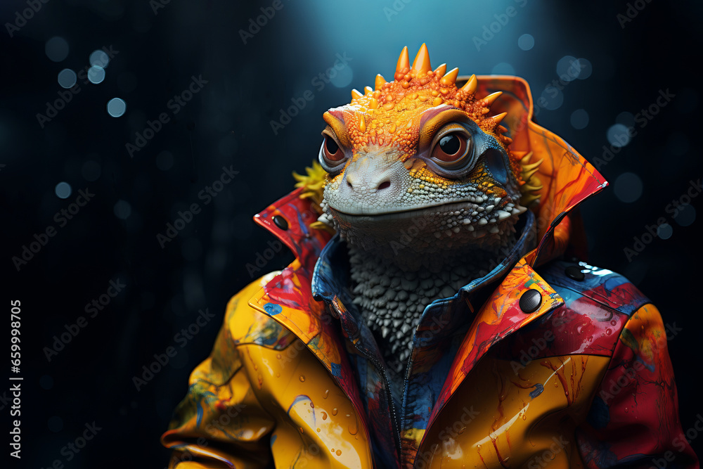 Hyper realistic anthropomorphic yellow blue lizard iguana in stylish orange autumn rain coat. Futuristic pop art style concept