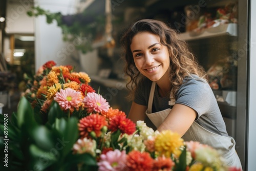 Portrait of a smiling young female florist in a flower shop © Geber86