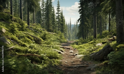 Photo of a serene forest trail surrounded by lush greenery
