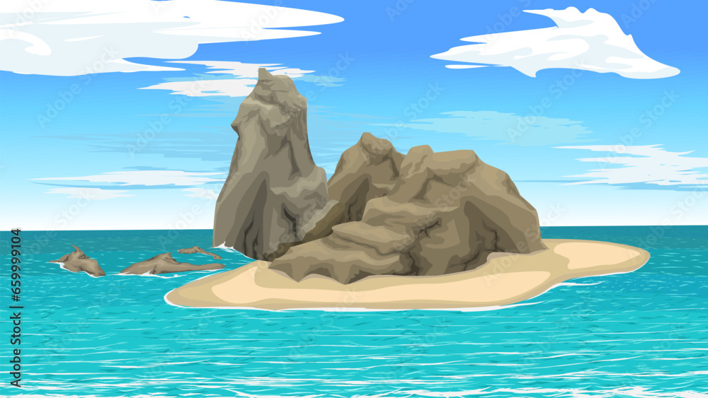 Fototapeta premium Small rock island in the ocean flat illustration, coral island view vector