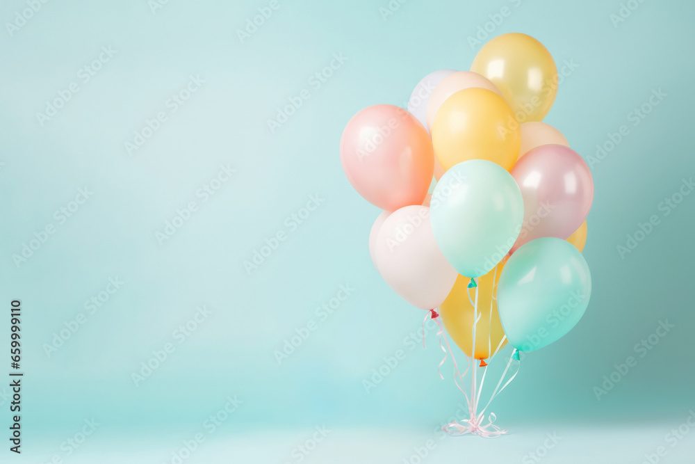 Birthday helium balloon bunch in gold and pink colours on light teal background. Happy anniversary party celebration