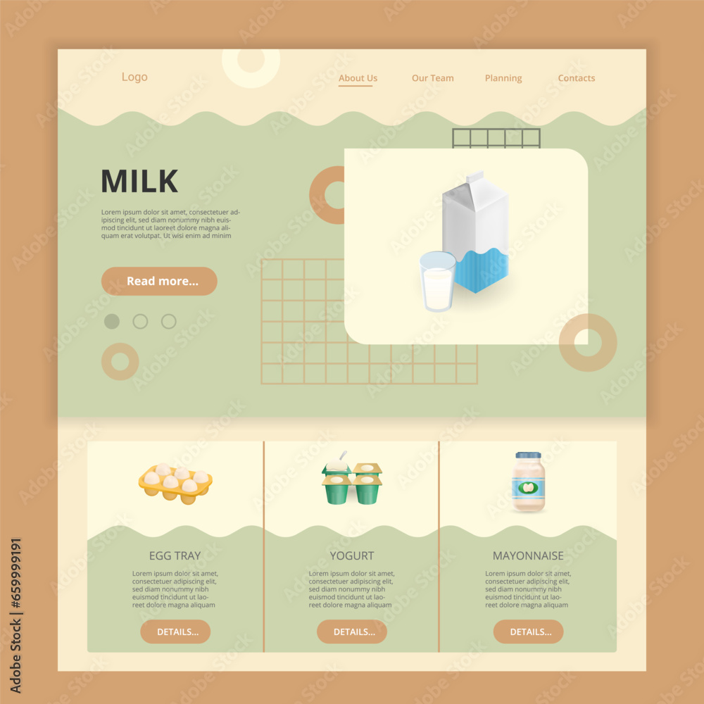 Milk flat landing page website template. Egg tray, yogurt, mayonnaise. Web banner with header, content and footer. Vector illustration.