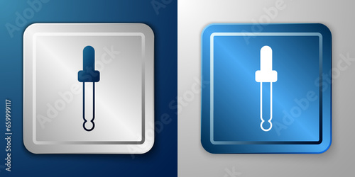 White Eyedropper color picker palette icon isolated on isolated on blue and grey background. Silver and blue square button. Vector