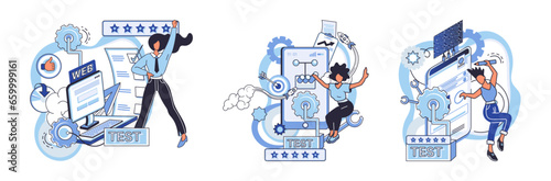 Application testing metaphor. Vector illustration. App test, arenwhere apps mettle is truly tested Software testing, watchmthat keeps lookout for code anomalies Application testing, quality assurance