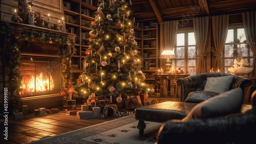 a lit up Christmas tree in a cozy home at night with the fireplace active,in the style of 32k uhd,sharp image, generative ai