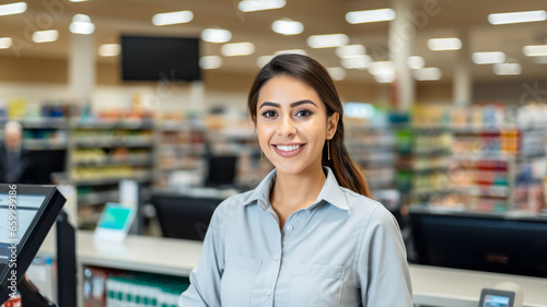 Young hispanic woman wearing uniform, posing at cash register counter in supermarket. 