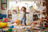 A playful hyperactive cute toddler misbehaving and making a mess in a kids room, throwing around things. Generative AI