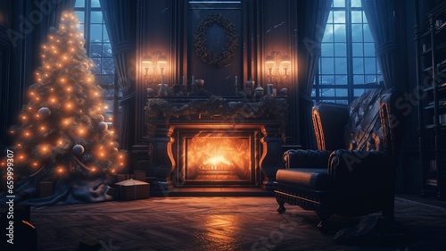 a lit up Christmas tree in a cozy home at night with the fireplace active,in the style of 32k uhd,sharp image, generative ai