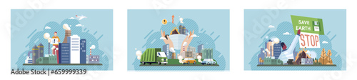 Industrial pollution. Dirty waste. Environmental pollution. Vector illustration. Smokes with smog are causing respiratory problems in population Trash emission has reached all-time high in recent