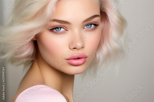 Beautiful woman with pastel pink lips, close-up, white skin, on pink background