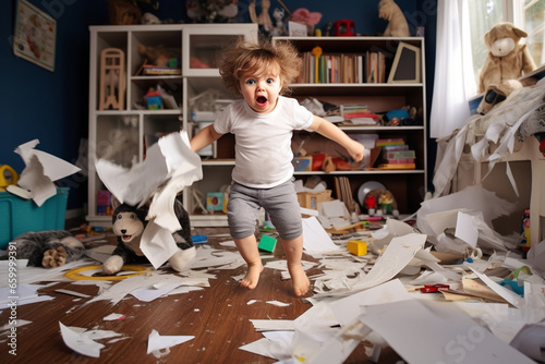 A playful hyperactive cute toddler misbehaving and making a mess in a kids room, throwing around things. Generative AI