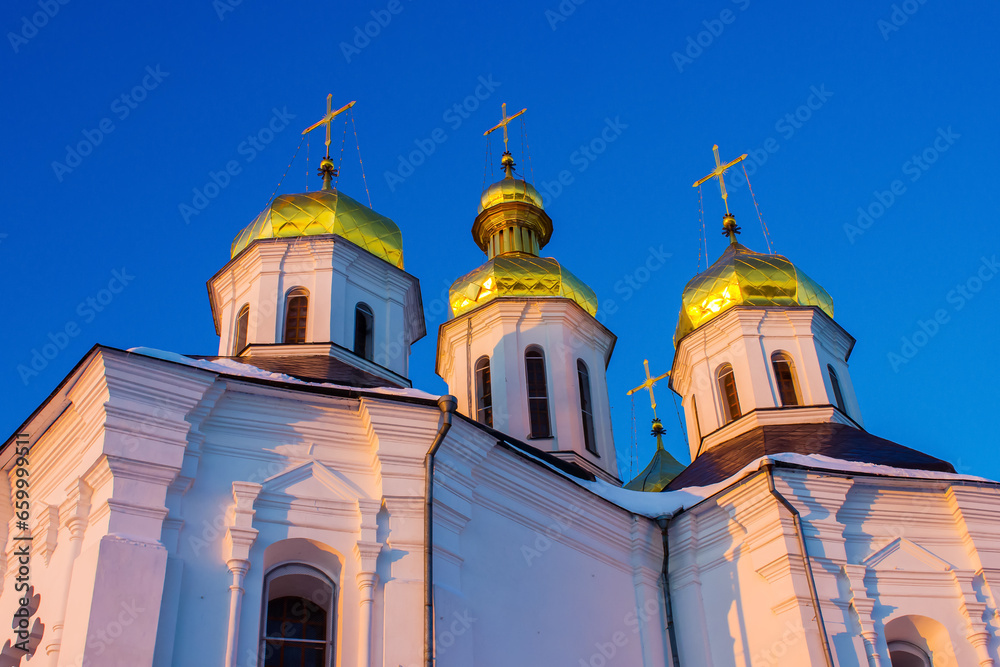 golden domes of the Orthodox Church in the pink rays of the setting sun in Europe in Ukraine