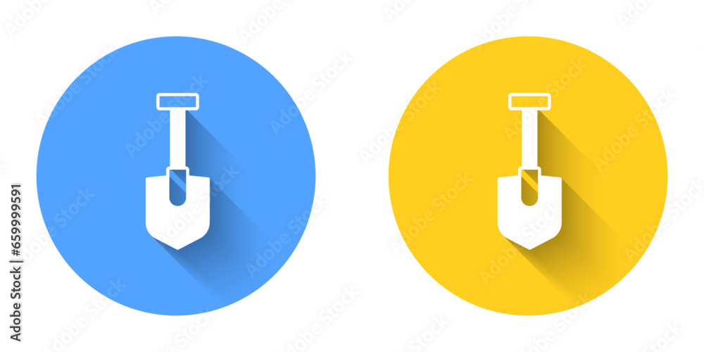 White Shovel icon isolated with long shadow background. Gardening tool. Tool for horticulture, agriculture, farming. Circle button. Vector White Shovel icon isolated with long shadow background. Gardening tool. Tool for horticulture, agriculture, farming. Circle button. Vector