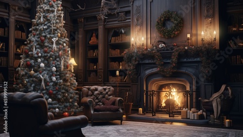 a lit up Christmas tree in a cozy home at night with the fireplace active in the style of 32k uhd sharp image  generative ai