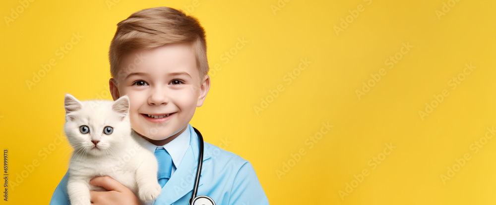 Cute funny kid in veterinary coat with a cat on pastel background with copy space. generative ai Cute funny kid in veterinary coat with a cat on pastel background with copy space. generative ai