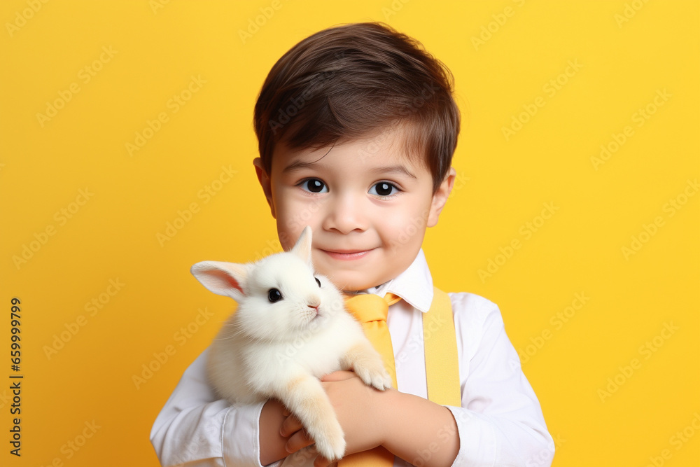 Cute funny kid in veterinary coat with a rabbit on pastel background with copy space. generative ai Cute funny kid in veterinary coat with a rabbit on pastel background with copy space. generative ai