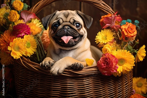 Adorable puppy pug smile and happiness. Purebred dog. Generative AI