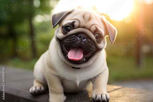 Adorable puppy pug smile and happiness. Purebred dog. Generative AI