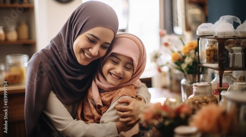 Muslim Mother and daughter on hugging on kitchen photo