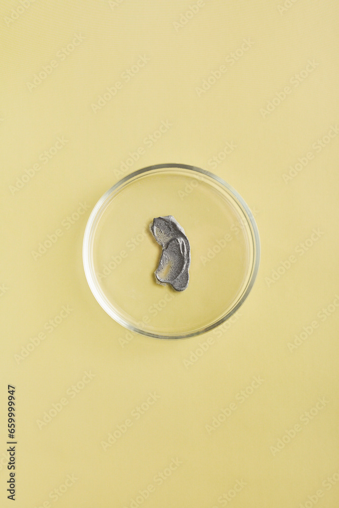 Swatch of black clay face masks in petri dishes Swatch of black clay face masks in petri dishes