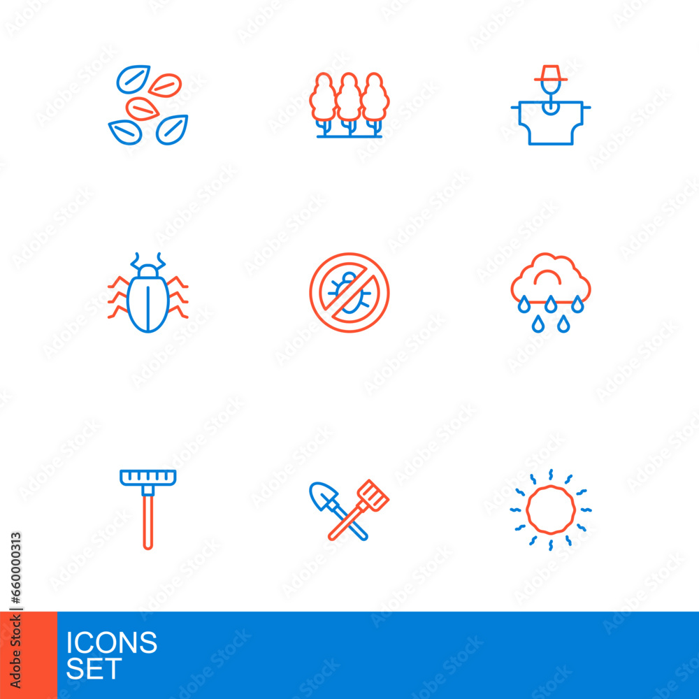 Set line Sun, Shovel and rake, Garden, Cloud with rain, Colorado beetle, Stop colorado, Scarecrow and Fruit trees icon. Vector