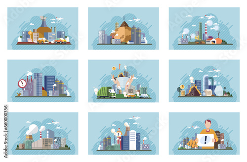 Industrial pollution. Dirty waste. Environmental pollution. Vector illustration. Toxic waste chemicals are leaking into our food chain Industrial pollution requires international cooperation
