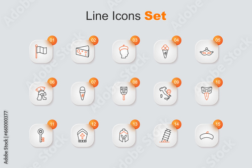 Set line French beret, Leaning tower in Pisa, Roman army helmet, Pope hat, Old key, Carnival mask, Map of Italy and icon. Vector