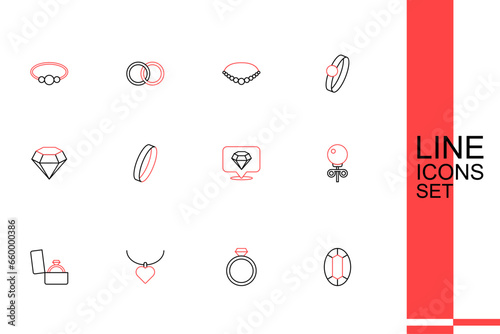 Set line Gem stone, Diamond engagement ring, Necklace with heart shaped, box, Stud earrings, Wedding and icon. Vector