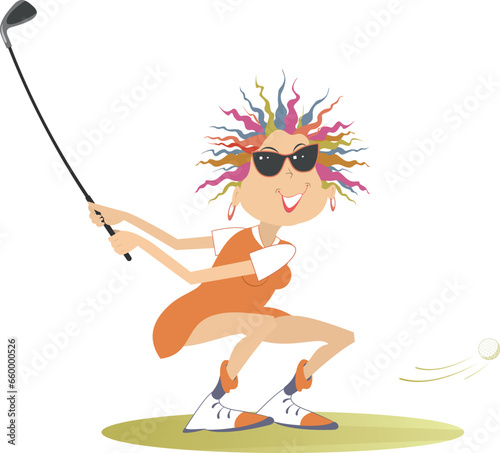 Golfer woman on the golf course. 
Golf course. Cartoon young golfer woman aiming to do a good shot. Isolated on white background
