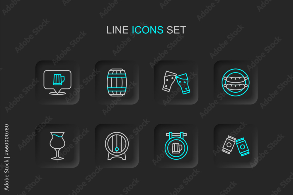 Set line Beer can, Street signboard with beer, Wooden barrel on rack, Glass of, Sausage, and mug icon. Vector