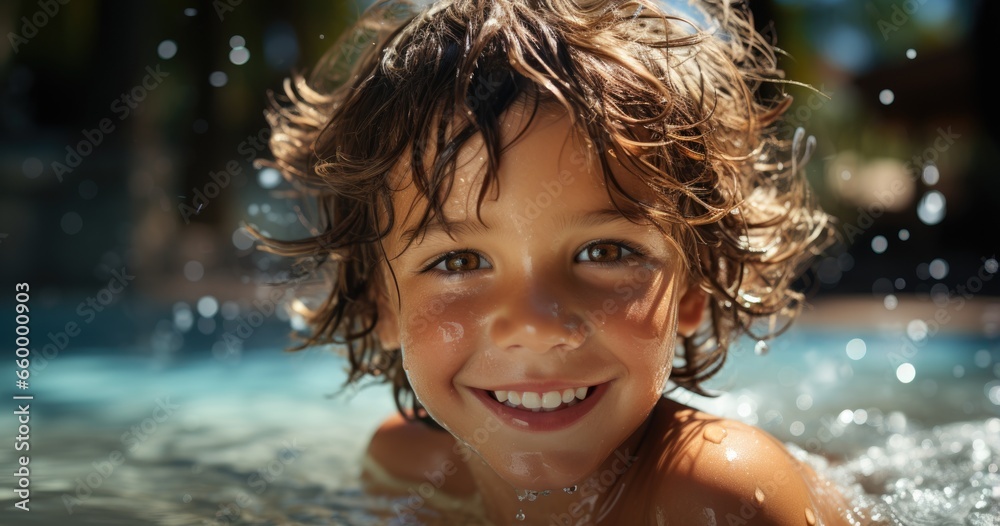 Cute smiling boy having fun swimming and diving in the pool at the resort on summer vacation. Cute smiling boy having fun swimming and diving in the pool at the resort on summer vacation.