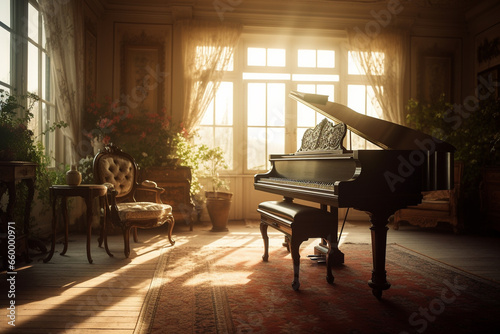Experience the elegance as sunlight graces a spacious room, illuminating a beautiful classical grand piano by large windows. Ai generated
