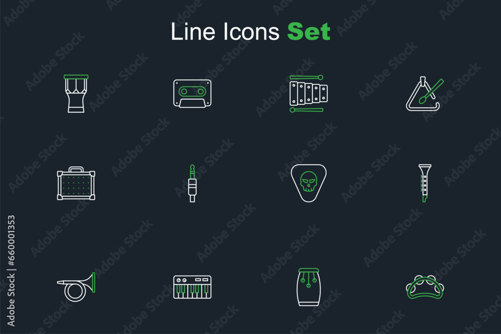 Set line Tambourine, Conga drums, Music synthesizer, Trumpet, Clarinet, Guitar pick, Audio jack and amplifier icon. Vector Set line Tambourine, Conga drums, Music synthesizer, Trumpet, Clarinet, Guitar pick, Audio jack and amplifier icon. Vector