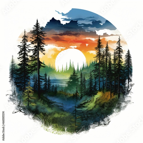 Forest landscape adventure graphic artwork. Mountain with pine forest and river print design