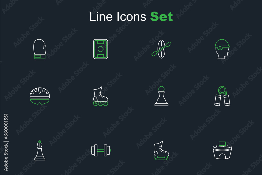 Set line Stadium, Skates, Dumbbell, Chess, Sport expander, Roller skate and Bicycle helmet icon. Vector Set line Stadium, Skates, Dumbbell, Chess, Sport expander, Roller skate and Bicycle helmet icon. Vector